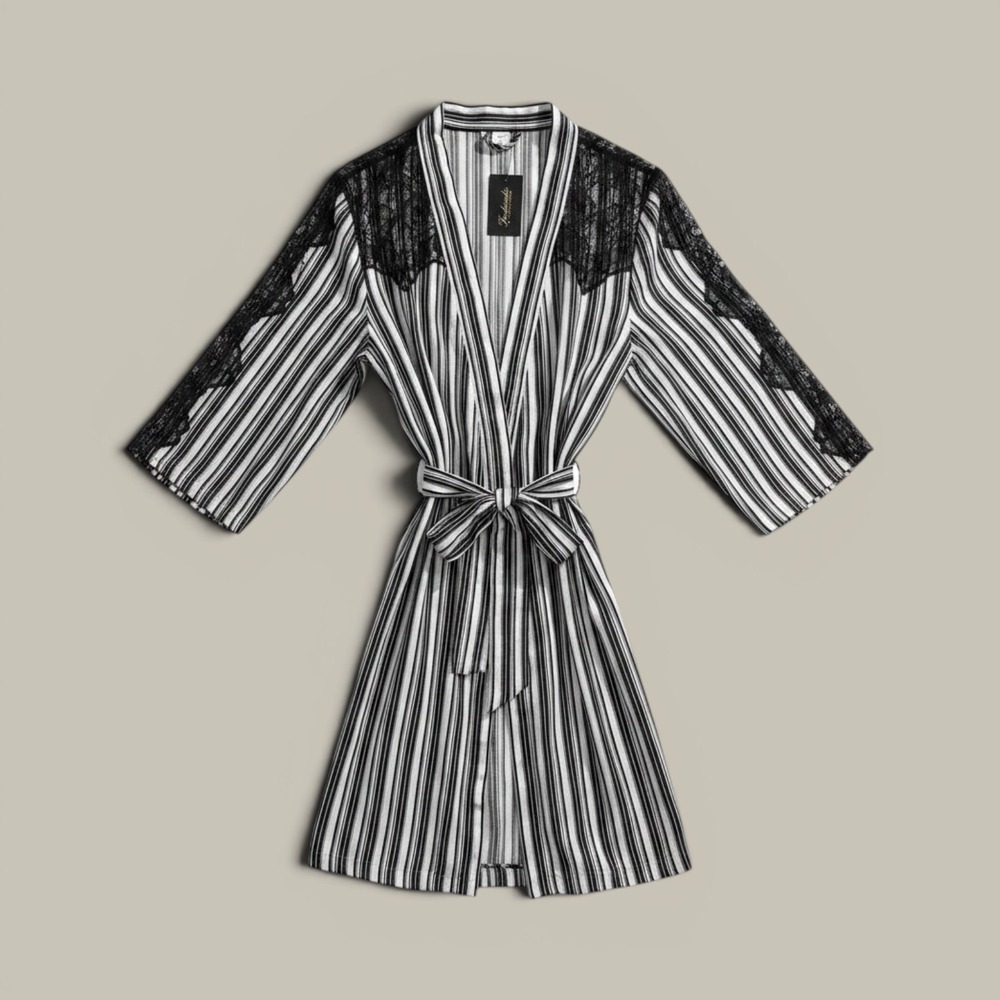 Fredericks of Hollywood Odette Robe Womens M Black White New Striped Lace Trim